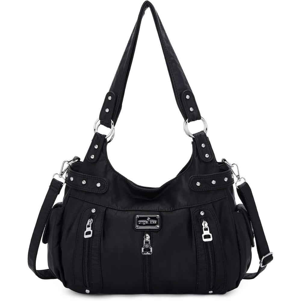 imageAngelkiss Large Purses and Handbags for Women Washed Faux Leather Crossbody Hobo Satchel Shoulder Handbag Tote PurseBlack