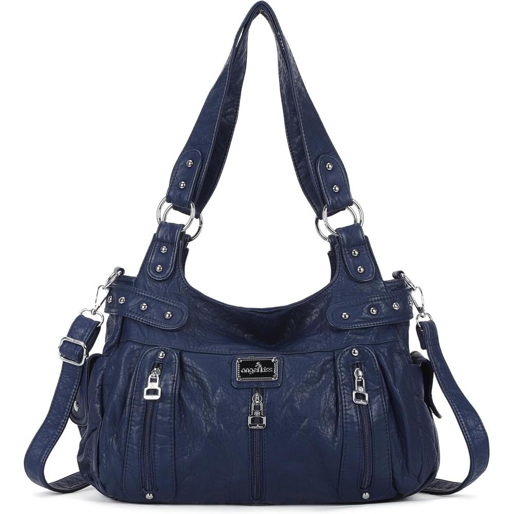 imageAngelkiss Large Purses and Handbags for Women Washed Faux Leather Crossbody Hobo Satchel Shoulder Handbag Tote PurseBlue