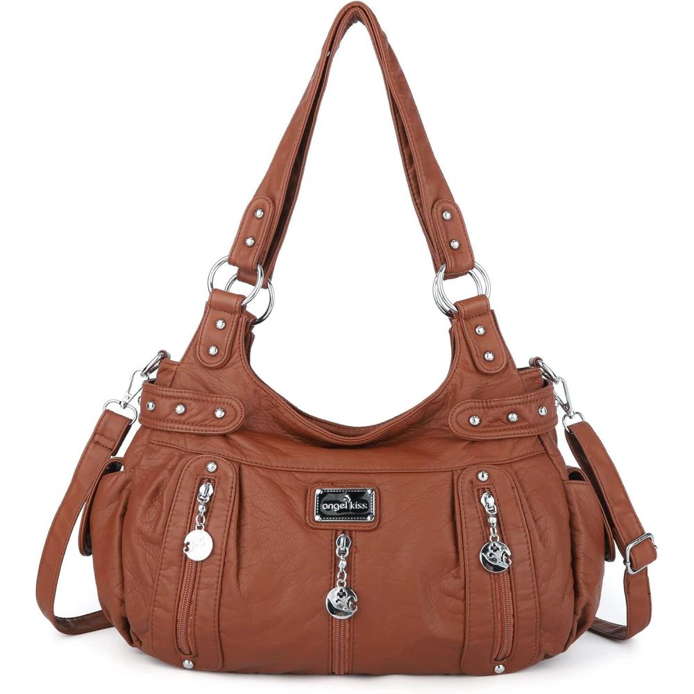 imageAngelkiss Large Purses and Handbags for Women Washed Faux Leather Crossbody Hobo Satchel Shoulder Handbag Tote PurseBrown