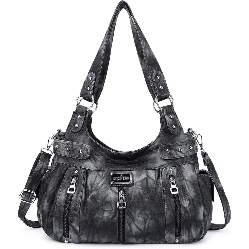 imageAngelkiss Large Purses and Handbags for Women Washed Faux Leather Crossbody Hobo Satchel Shoulder Handbag Tote PurseGblackGrey
