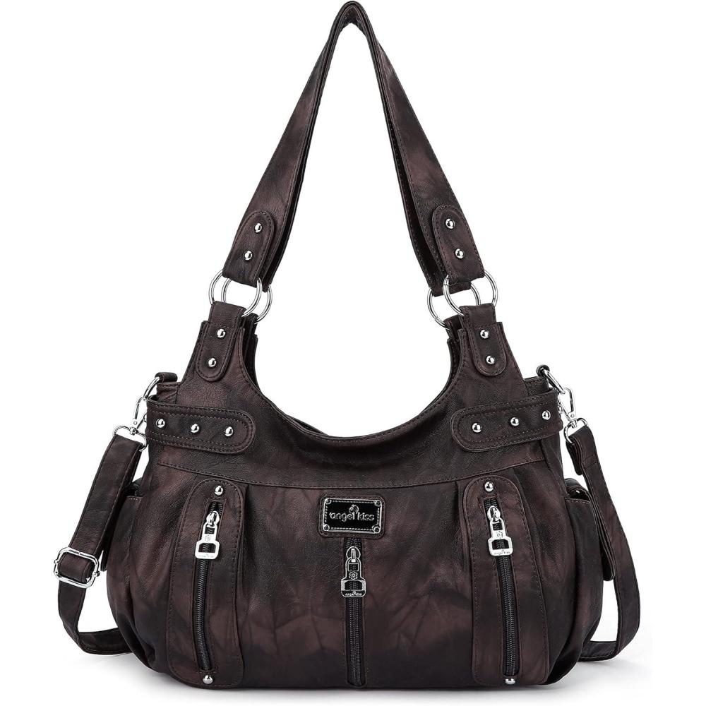imageAngelkiss Large Purses and Handbags for Women Washed Faux Leather Crossbody Hobo Satchel Shoulder Handbag Tote PurseGcoffee