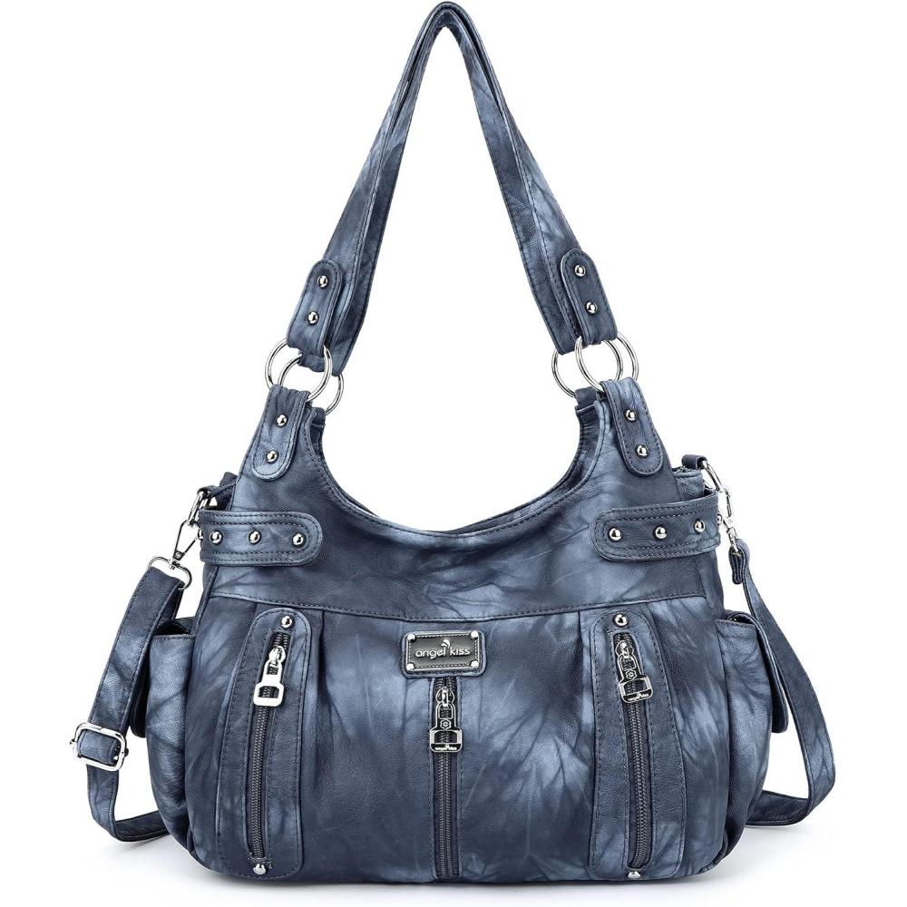 imageAngelkiss Large Purses and Handbags for Women Washed Faux Leather Crossbody Hobo Satchel Shoulder Handbag Tote PurseGjblue