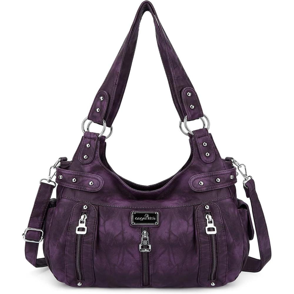 imageAngelkiss Large Purses and Handbags for Women Washed Faux Leather Crossbody Hobo Satchel Shoulder Handbag Tote PurseGpurple