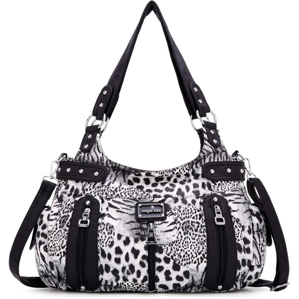 imageAngelkiss Large Purses and Handbags for Women Washed Faux Leather Crossbody Hobo Satchel Shoulder Handbag Tote PurseLeopardblack