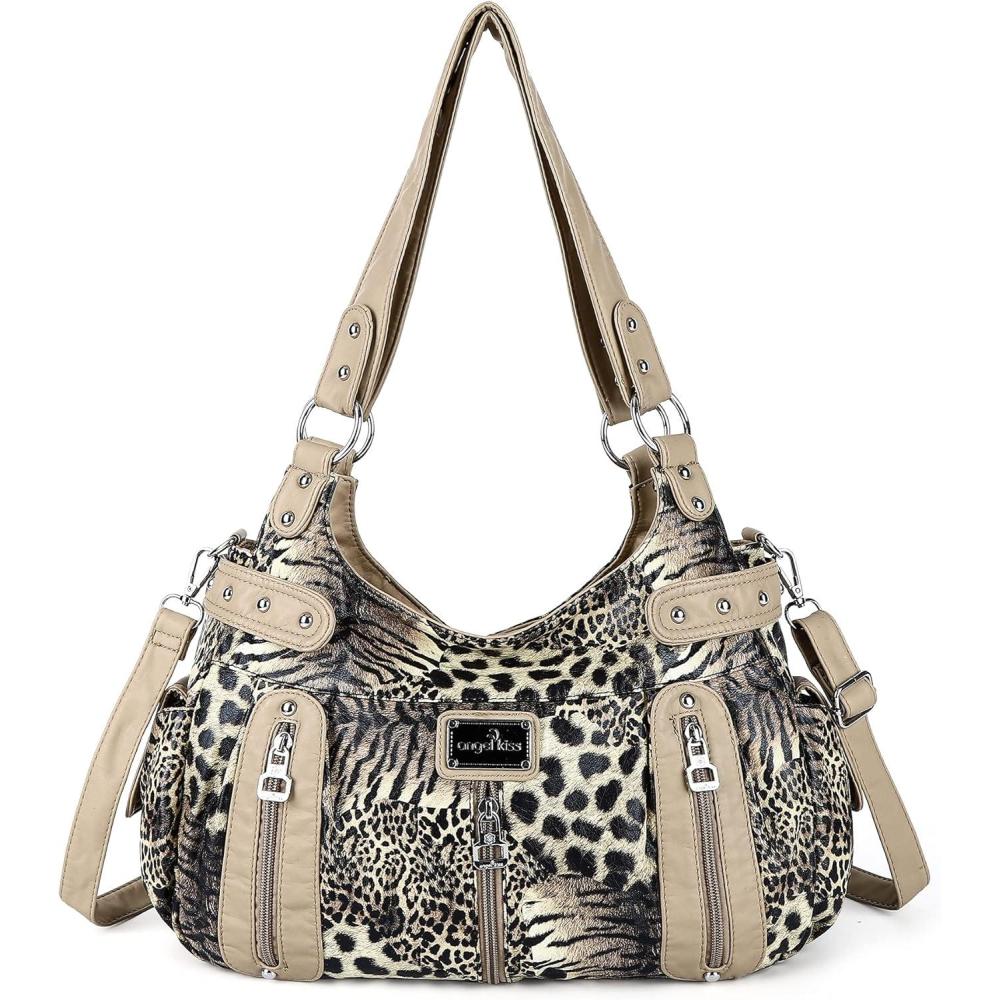 imageAngelkiss Large Purses and Handbags for Women Washed Faux Leather Crossbody Hobo Satchel Shoulder Handbag Tote PurseLeopardbrownBeige