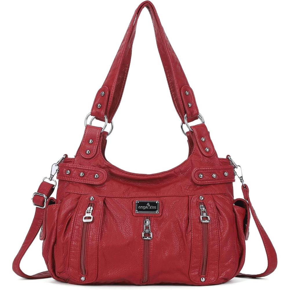 imageAngelkiss Large Purses and Handbags for Women Washed Faux Leather Crossbody Hobo Satchel Shoulder Handbag Tote PurseRed