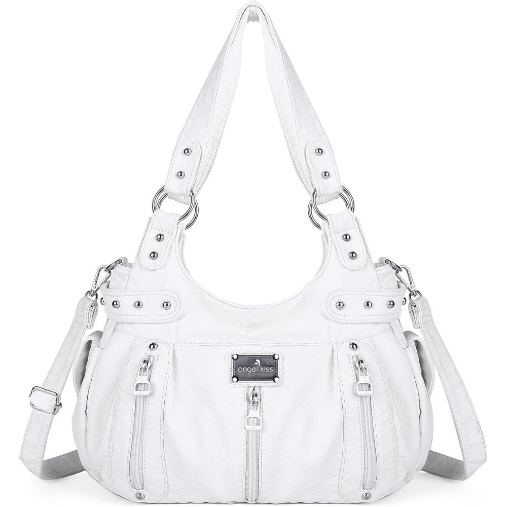 imageAngelkiss Large Purses and Handbags for Women Washed Faux Leather Crossbody Hobo Satchel Shoulder Handbag Tote PurseWhite
