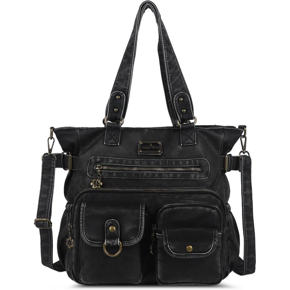 imageAngelkiss Purses Handbags for Women PU Tote Satchel Bags for Women Pockets Shoulder Bags1black
