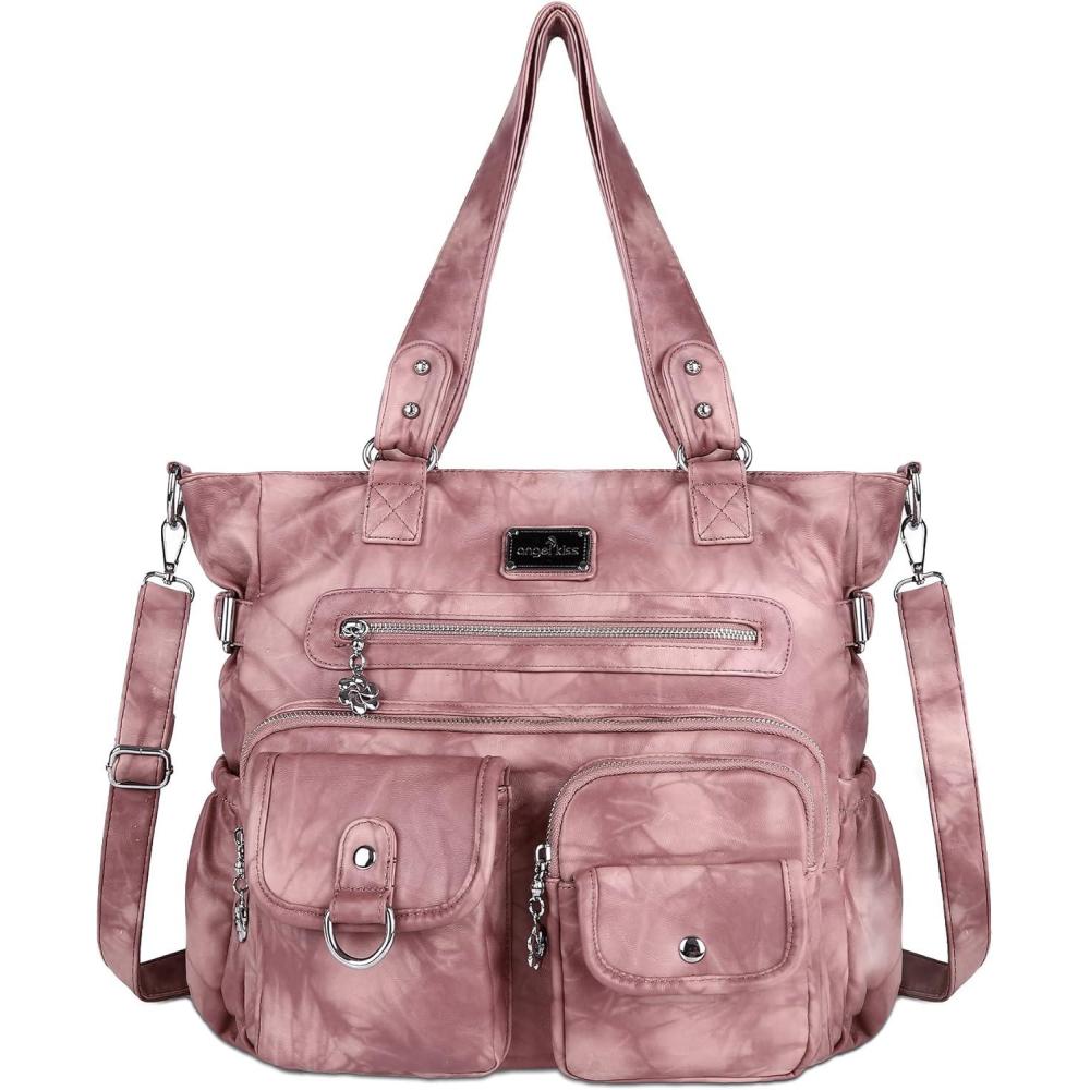 imageAngelkiss Purses Handbags for Women PU Tote Satchel Bags for Women Pockets Shoulder Bags7028pink