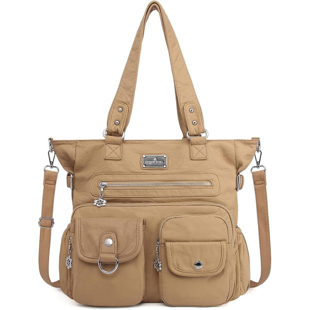 imageAngelkiss Purses Handbags for Women PU Tote Satchel Bags for Women Pockets Shoulder BagsAbeige