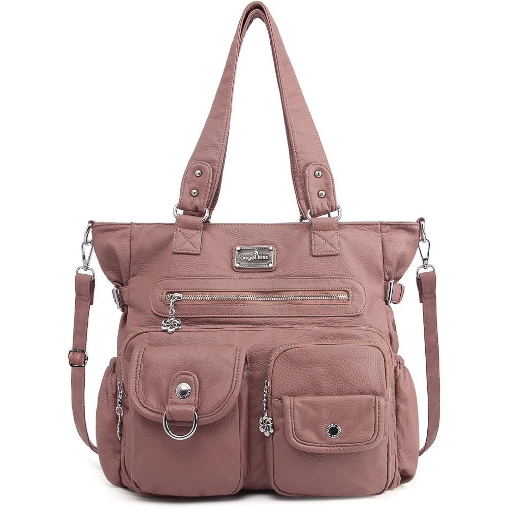 imageAngelkiss Purses Handbags for Women PU Tote Satchel Bags for Women Pockets Shoulder BagsApink