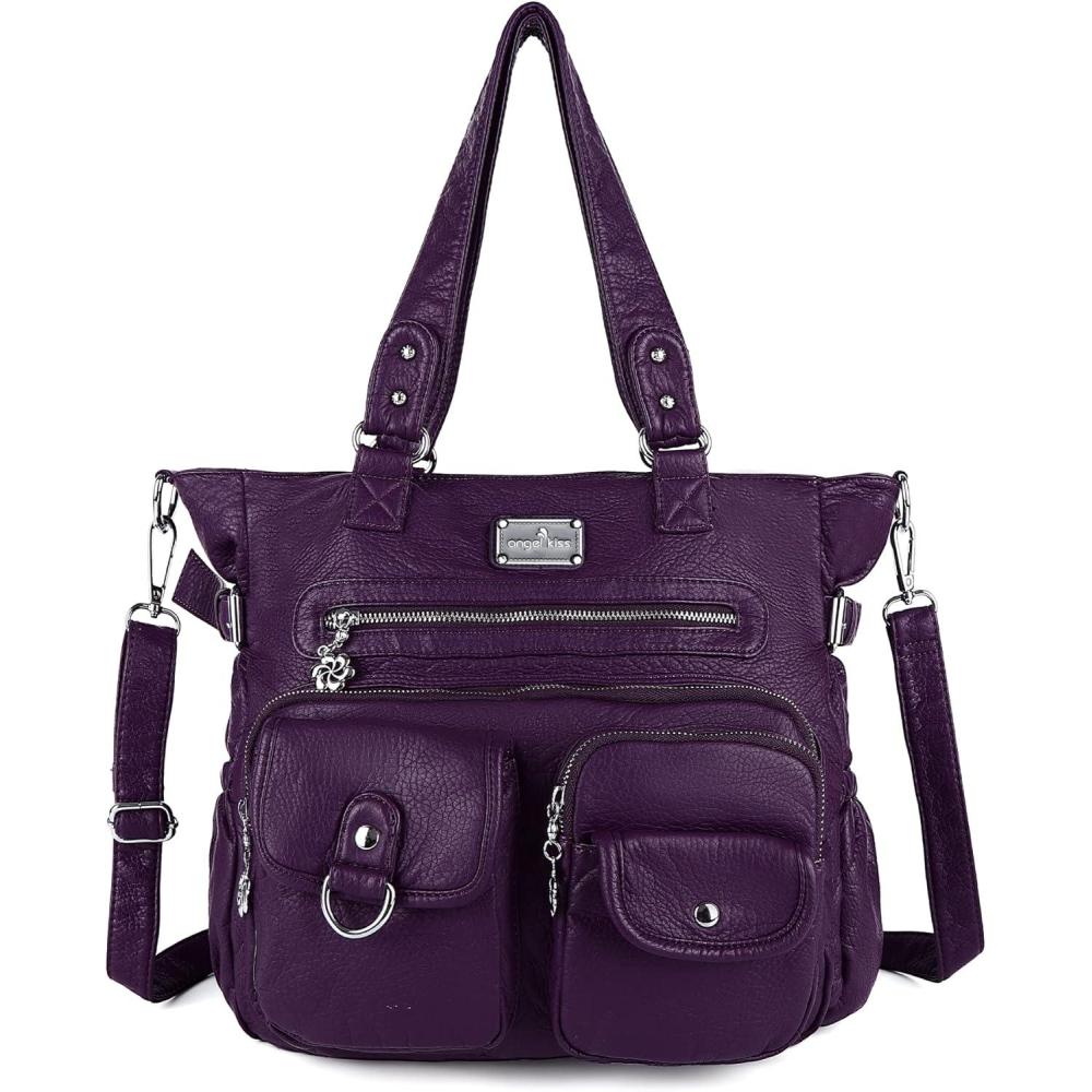 imageAngelkiss Purses Handbags for Women PU Tote Satchel Bags for Women Pockets Shoulder BagsApurple