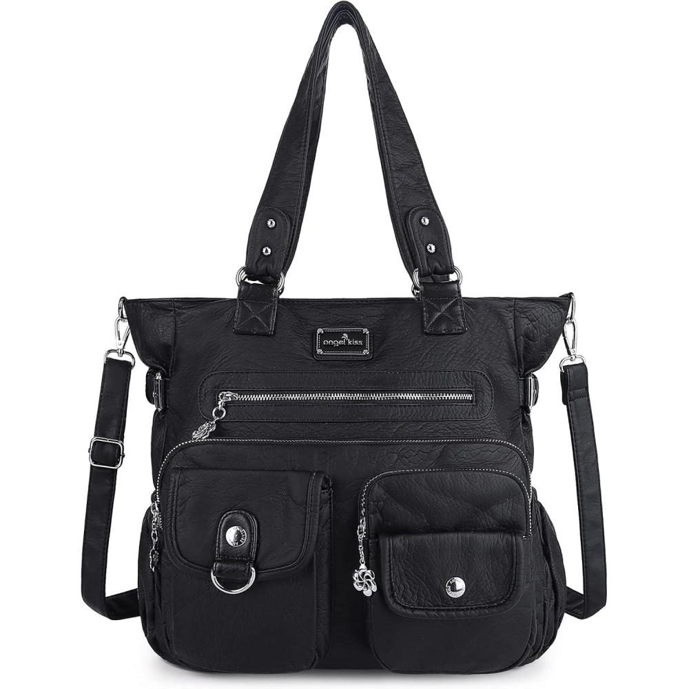 imageAngelkiss Purses Handbags for Women PU Tote Satchel Bags for Women Pockets Shoulder BagsBlack