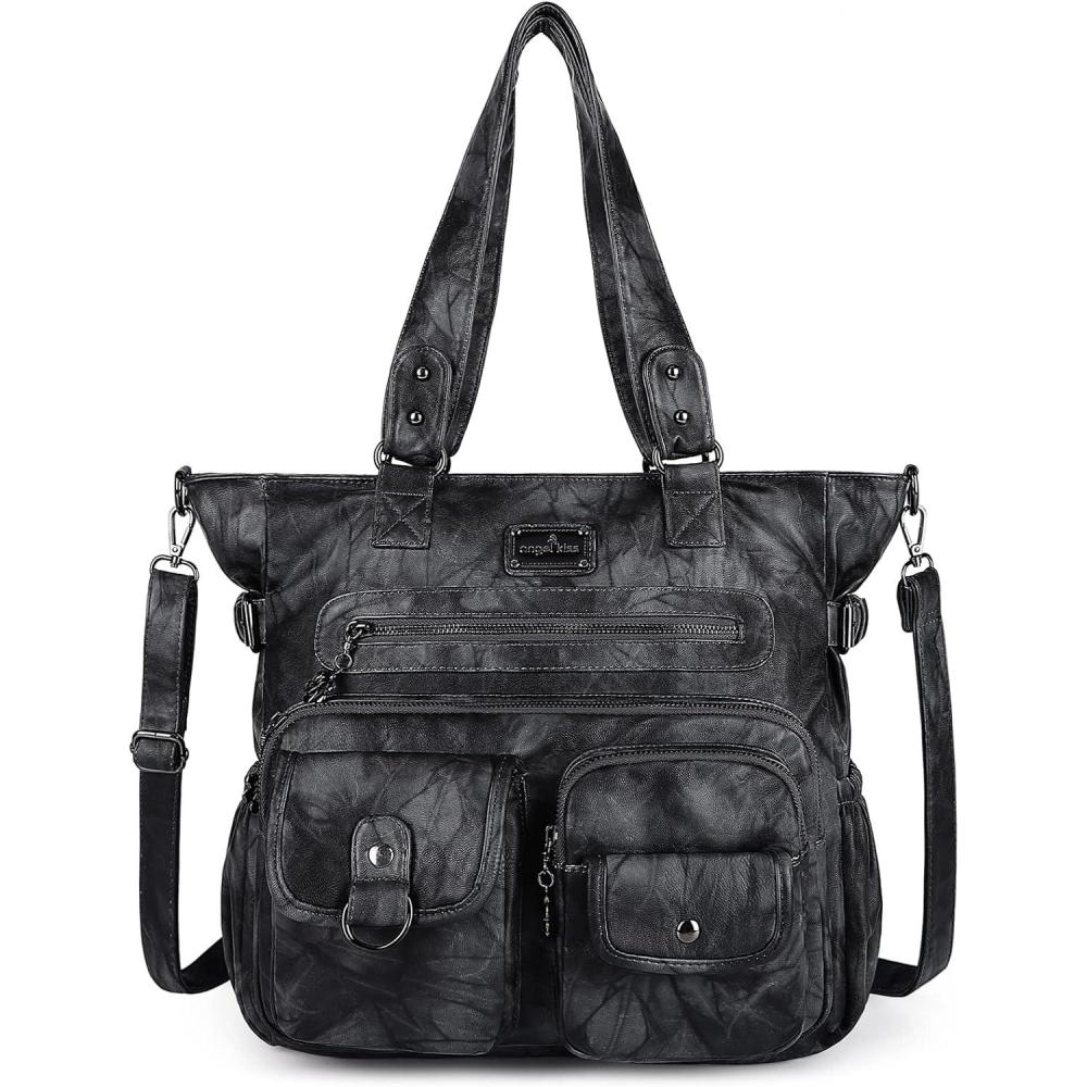 imageAngelkiss Purses Handbags for Women PU Tote Satchel Bags for Women Pockets Shoulder BagsBlack Grey