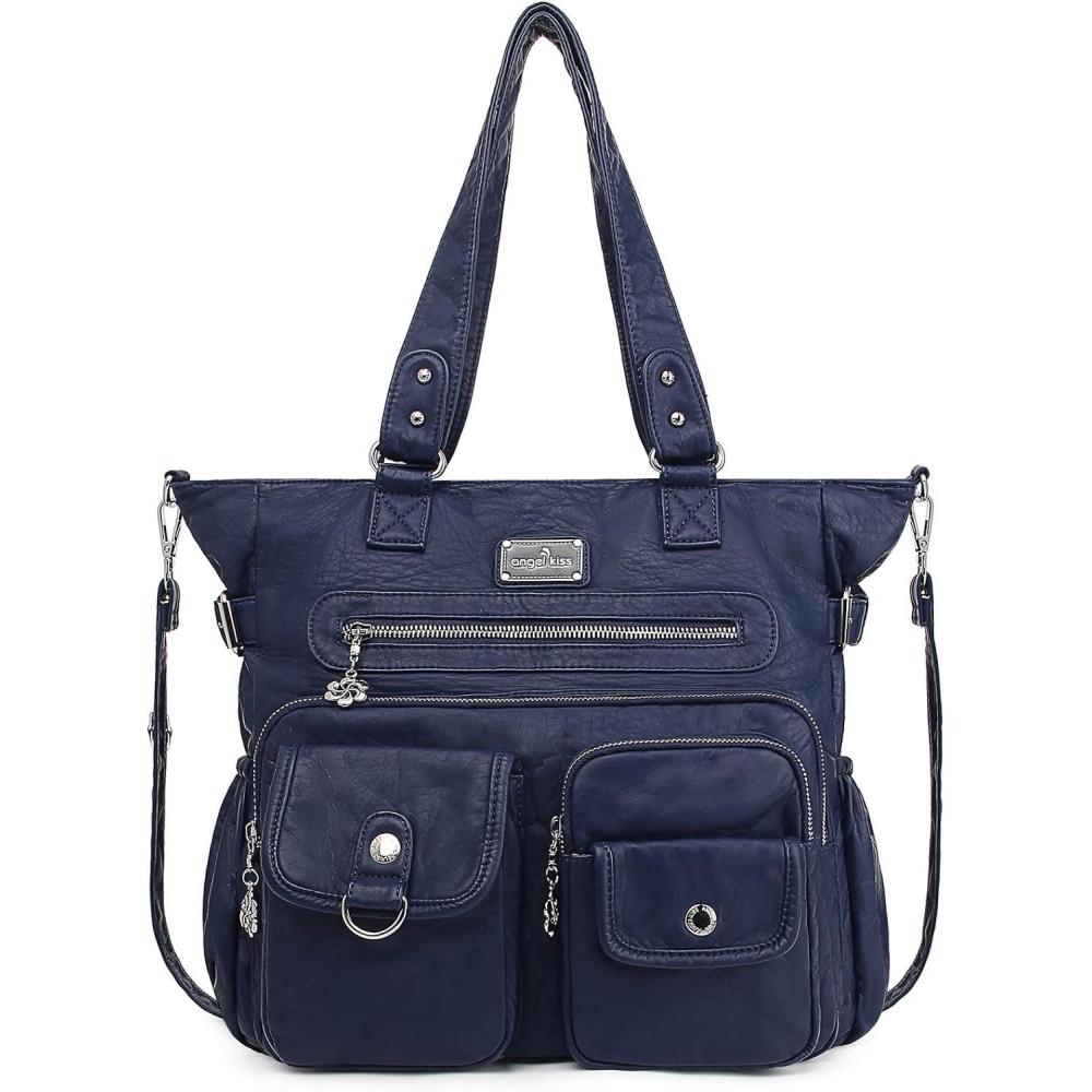 imageAngelkiss Purses Handbags for Women PU Tote Satchel Bags for Women Pockets Shoulder BagsBlue