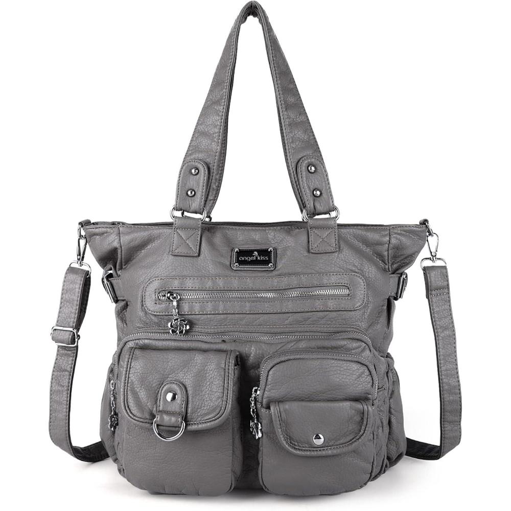 imageAngelkiss Purses Handbags for Women PU Tote Satchel Bags for Women Pockets Shoulder BagsGrey