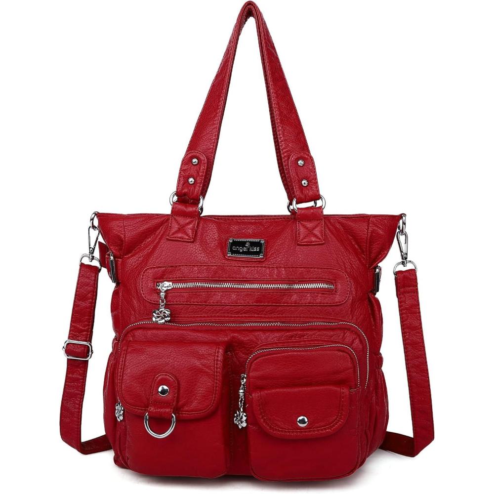 imageAngelkiss Purses Handbags for Women PU Tote Satchel Bags for Women Pockets Shoulder BagsRed