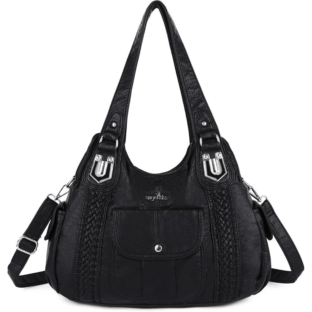 imageAngelkiss Purses and Handbags for Women Washed Vegan Leather Crossbody Hobo Satchel Shoulder Tote Purse1black