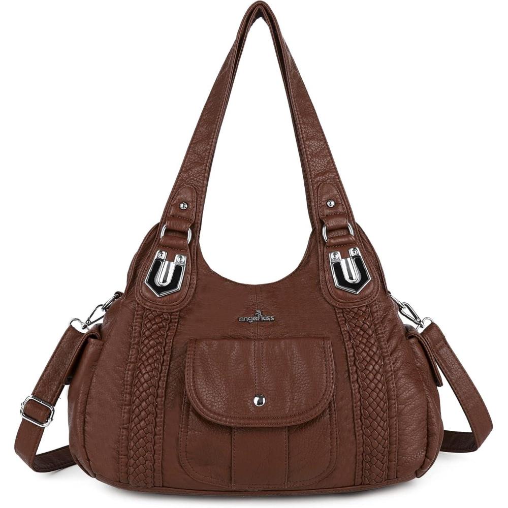 imageAngelkiss Purses and Handbags for Women Washed Vegan Leather Crossbody Hobo Satchel Shoulder Tote Purse1brown