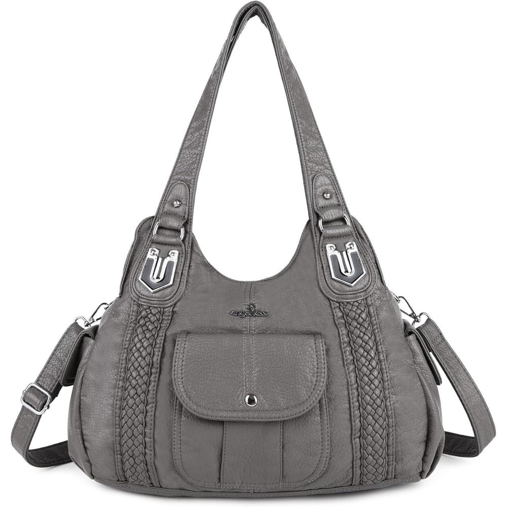 imageAngelkiss Purses and Handbags for Women Washed Vegan Leather Crossbody Hobo Satchel Shoulder Tote Purse1grey