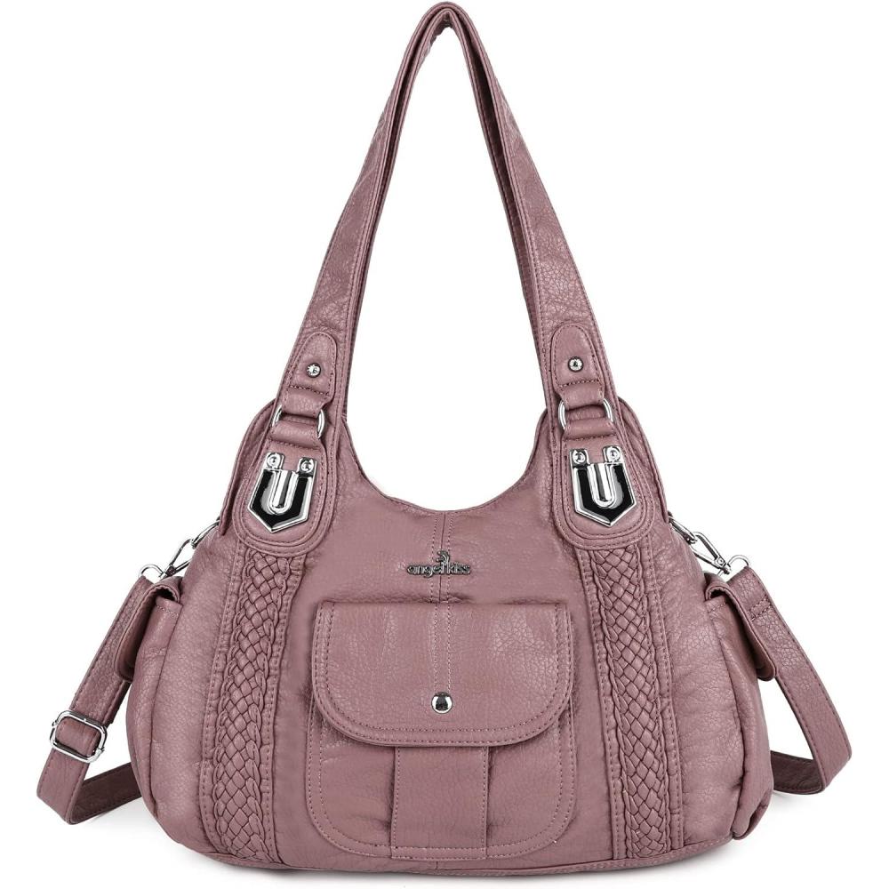 imageAngelkiss Purses and Handbags for Women Washed Vegan Leather Crossbody Hobo Satchel Shoulder Tote Purse1pink
