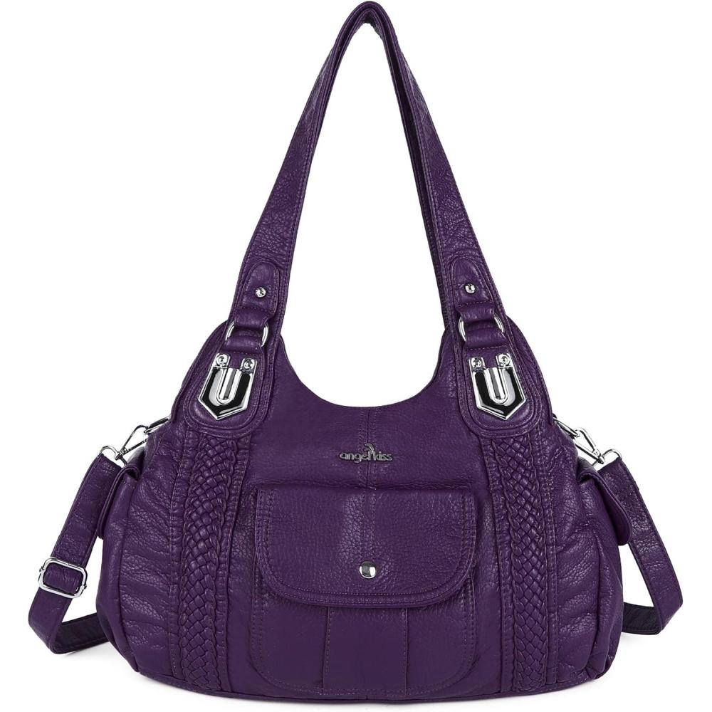imageAngelkiss Purses and Handbags for Women Washed Vegan Leather Crossbody Hobo Satchel Shoulder Tote Purse1purple