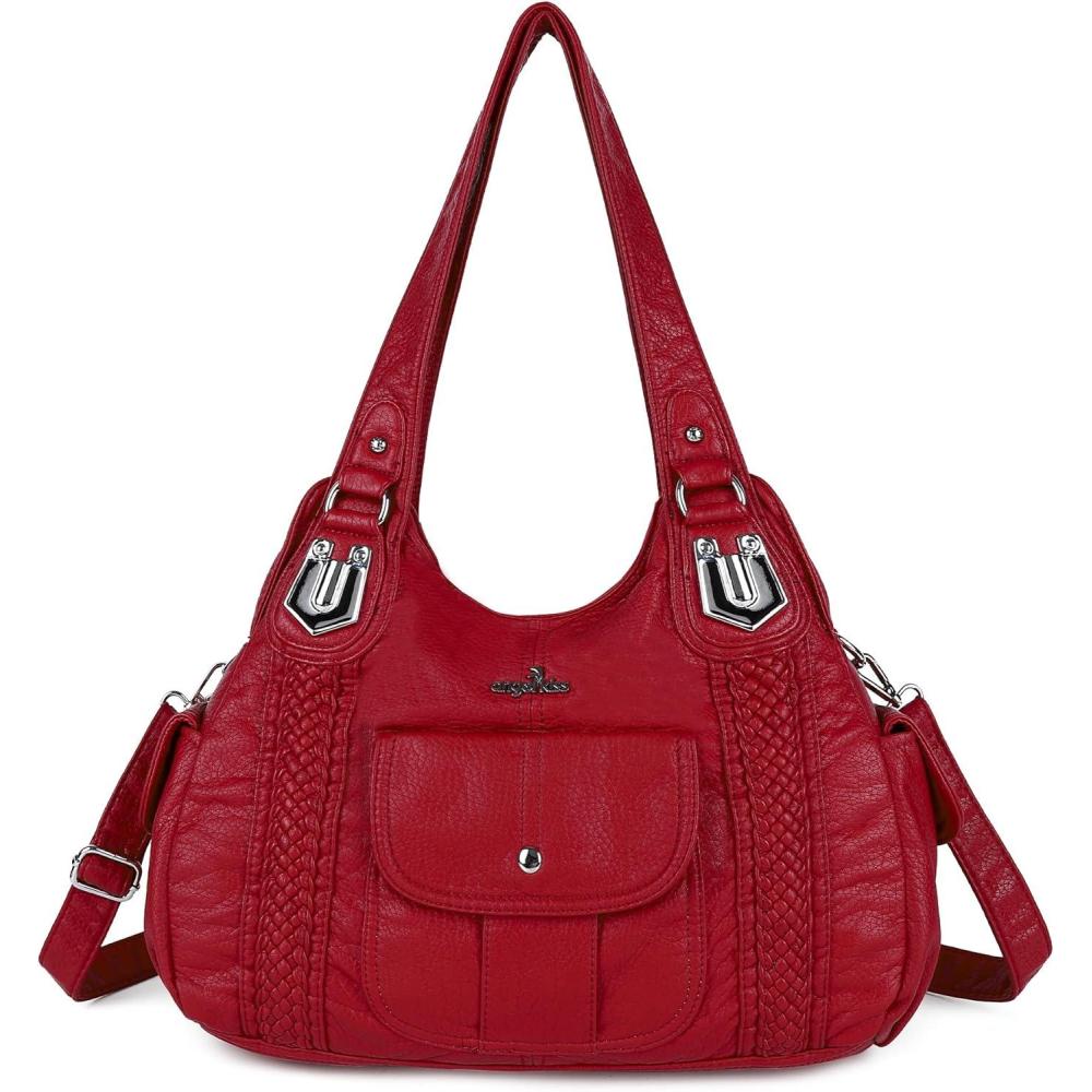 imageAngelkiss Purses and Handbags for Women Washed Vegan Leather Crossbody Hobo Satchel Shoulder Tote Purse1red