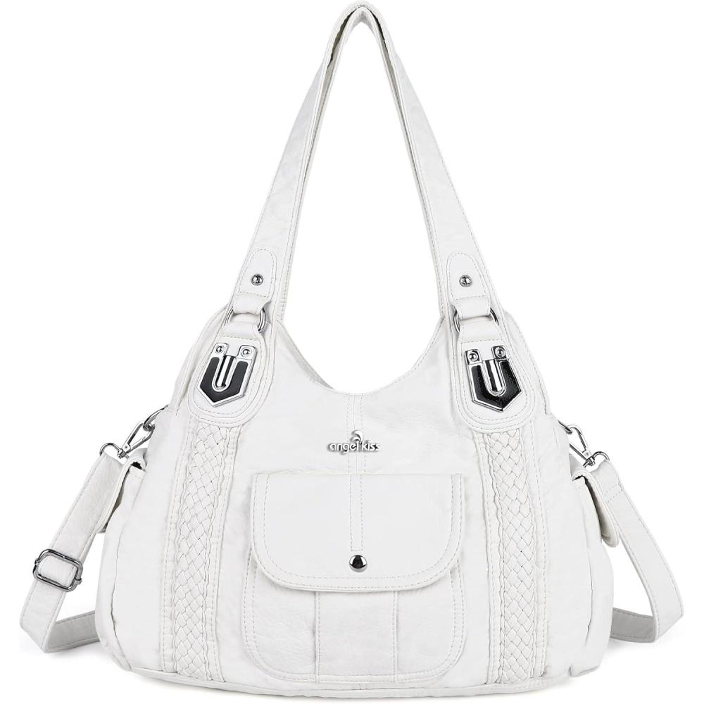 imageAngelkiss Purses and Handbags for Women Washed Vegan Leather Crossbody Hobo Satchel Shoulder Tote Purse1white
