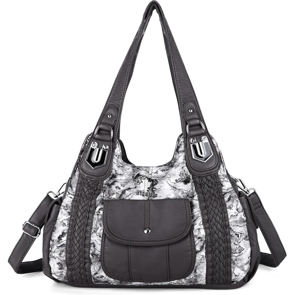 imageAngelkiss Purses and Handbags for Women Washed Vegan Leather Crossbody Hobo Satchel Shoulder Tote Purse7021grey