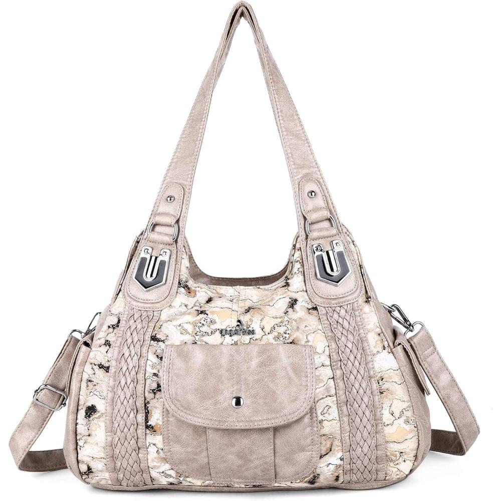 imageAngelkiss Purses and Handbags for Women Washed Vegan Leather Crossbody Hobo Satchel Shoulder Tote Purse7021stone