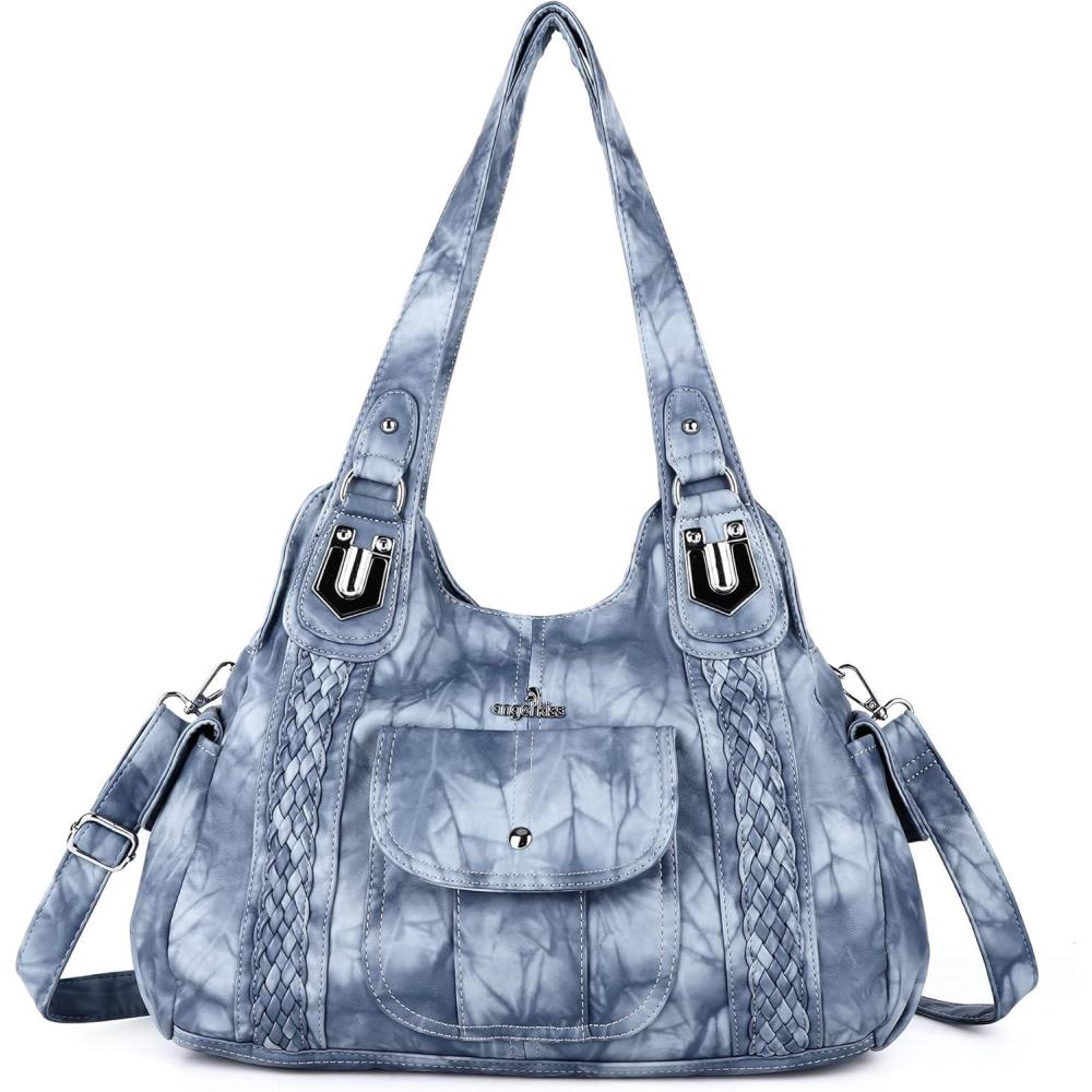 imageAngelkiss Purses and Handbags for Women Washed Vegan Leather Crossbody Hobo Satchel Shoulder Tote Purse7028blue