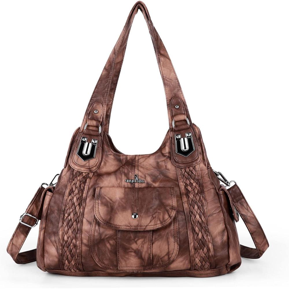 imageAngelkiss Purses and Handbags for Women Washed Vegan Leather Crossbody Hobo Satchel Shoulder Tote Purse7028brown