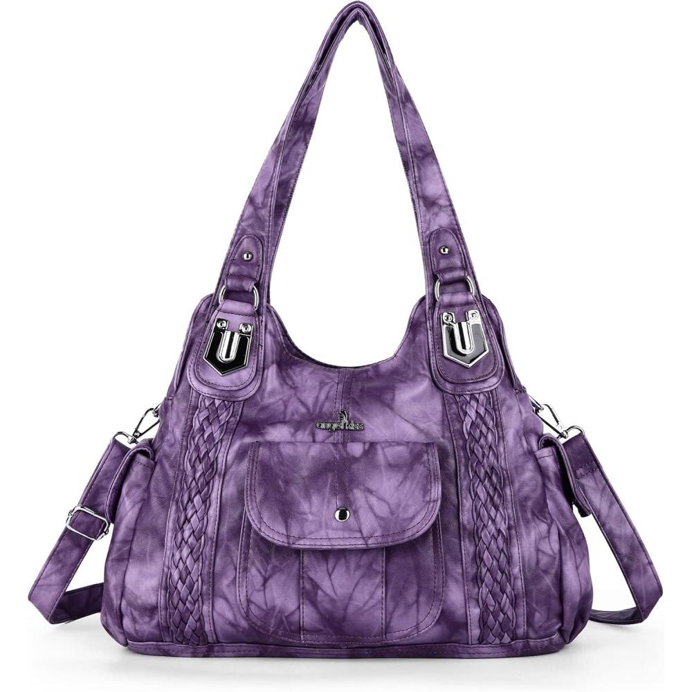 imageAngelkiss Purses and Handbags for Women Washed Vegan Leather Crossbody Hobo Satchel Shoulder Tote Purse7028purple
