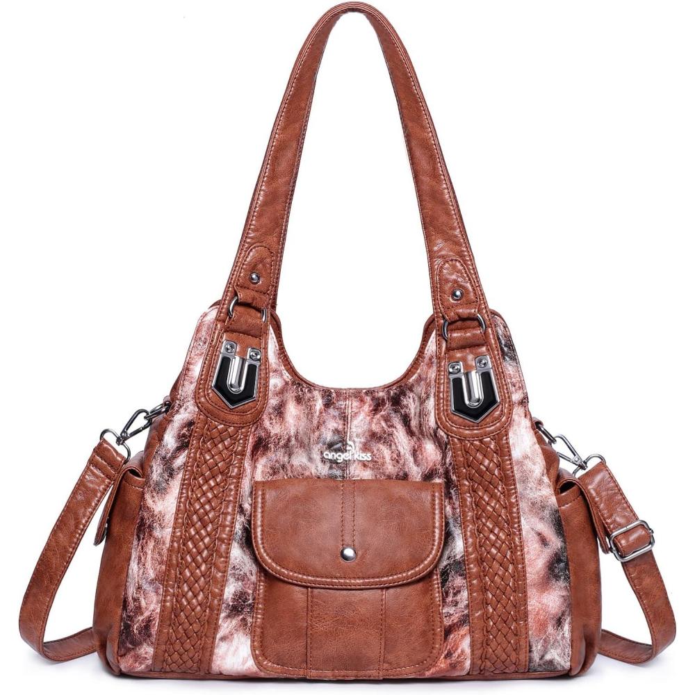 imageAngelkiss Purses and Handbags for Women Washed Vegan Leather Crossbody Hobo Satchel Shoulder Tote PurseBrownLbrown