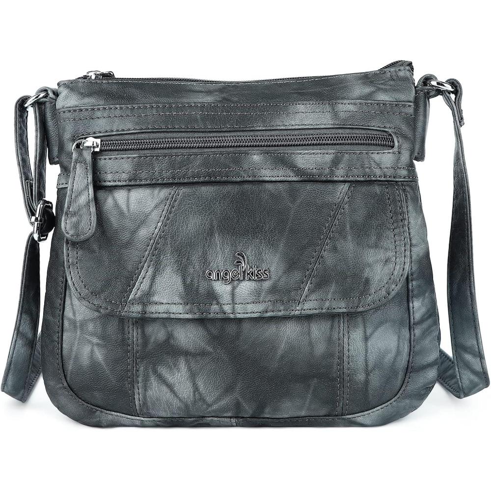 imageAngelkiss Small Womens Crossbody Bag Leather Shoulder Purse for Women Hobo Bag with Adjustable Shoulder StrapBlackGrey