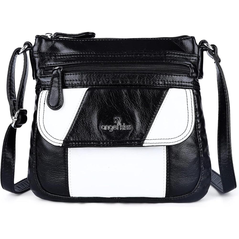 imageAngelkiss Small Womens Crossbody Bag Leather Shoulder Purse for Women Hobo Bag with Adjustable Shoulder StrapBlackWhite