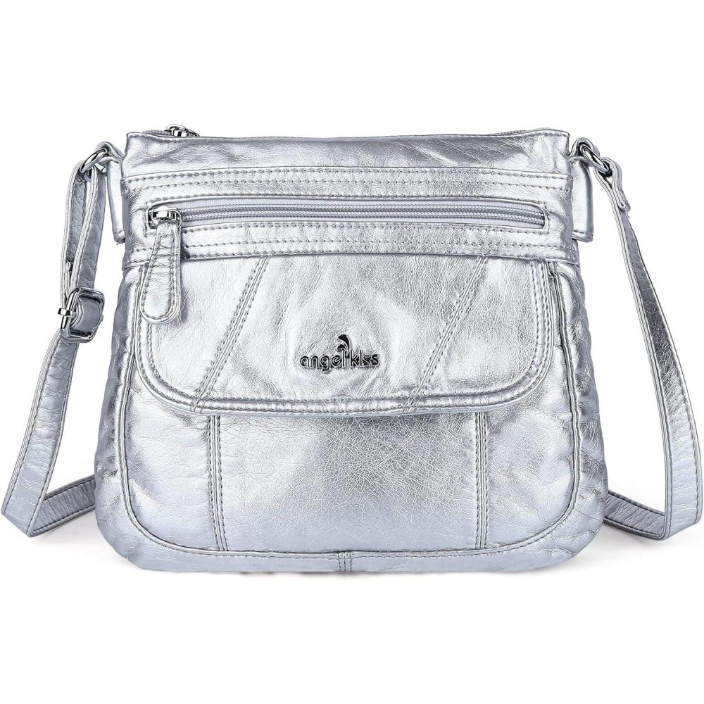 imageAngelkiss Small Womens Crossbody Bag Leather Shoulder Purse for Women Hobo Bag with Adjustable Shoulder StrapSilver