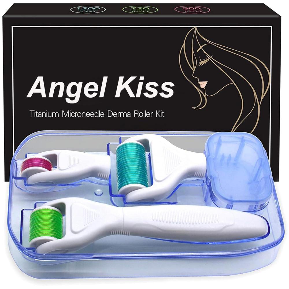 imageDerma Roller for Face and Body Angel Kiss 4 in 1 Titanium Microneedling Roller Kit Micro Needle Microneedle Roller 300 and 720 Needles 025mm1200 Needle 03mm Microdermabrasion Roller Men WomenMulticolor Sky Blue
