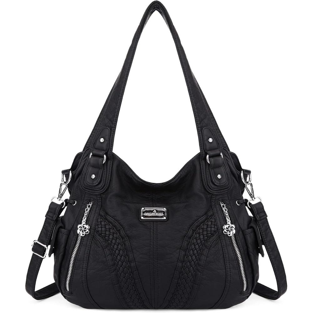imagePurses and Handbags Women Fashion Tote Bag Shoulder Bags Top Handle Satchel Purses Washed Synthetic Leather Handbag12black