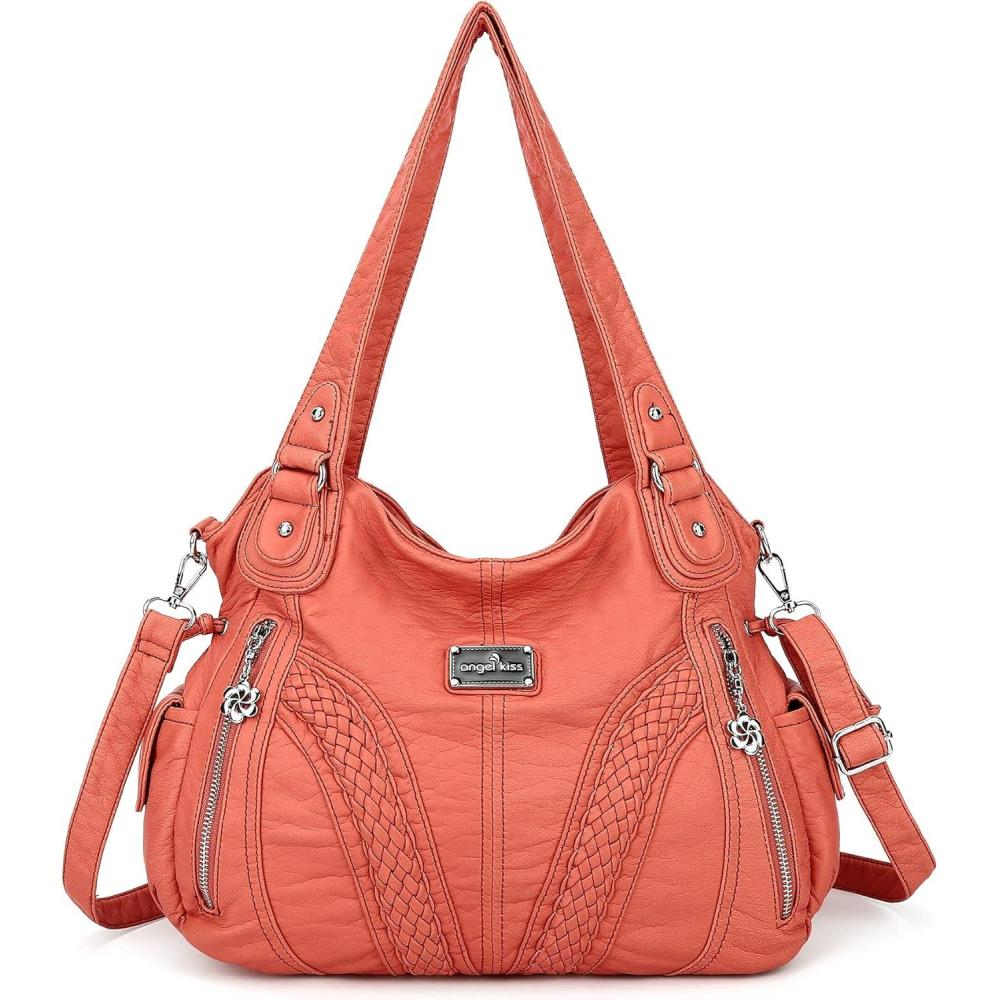 imagePurses and Handbags Women Fashion Tote Bag Shoulder Bags Top Handle Satchel Purses Washed Synthetic Leather Handbag1coral