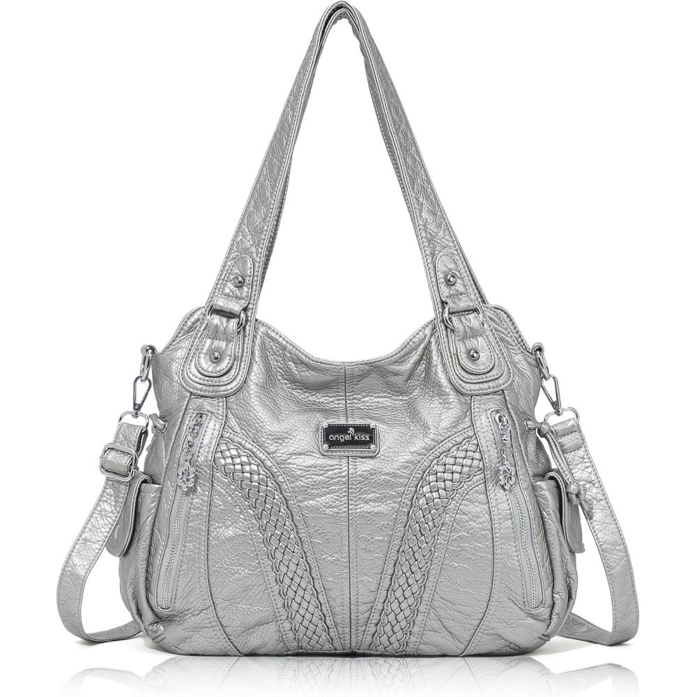 imagePurses and Handbags Women Fashion Tote Bag Shoulder Bags Top Handle Satchel Purses Washed Synthetic Leather Handbag1silver Grey