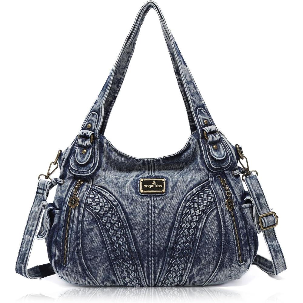 imagePurses and Handbags Women Fashion Tote Bag Shoulder Bags Top Handle Satchel Purses Washed Synthetic Leather Handbag2denim Blue