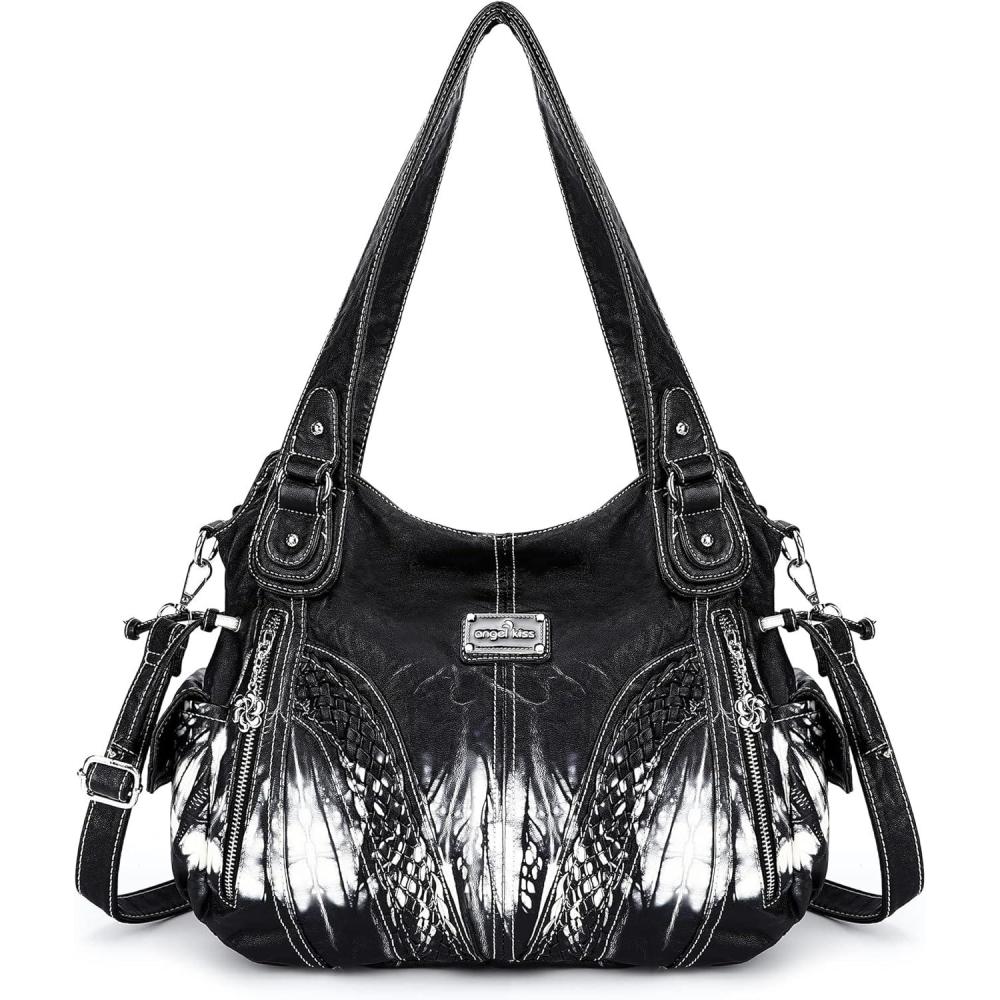 imagePurses and Handbags Women Fashion Tote Bag Shoulder Bags Top Handle Satchel Purses Washed Synthetic Leather Handbag2tiedyed Black