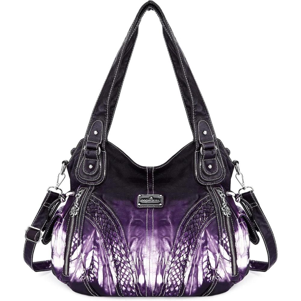 imagePurses and Handbags Women Fashion Tote Bag Shoulder Bags Top Handle Satchel Purses Washed Synthetic Leather Handbag2tiedyed Purple