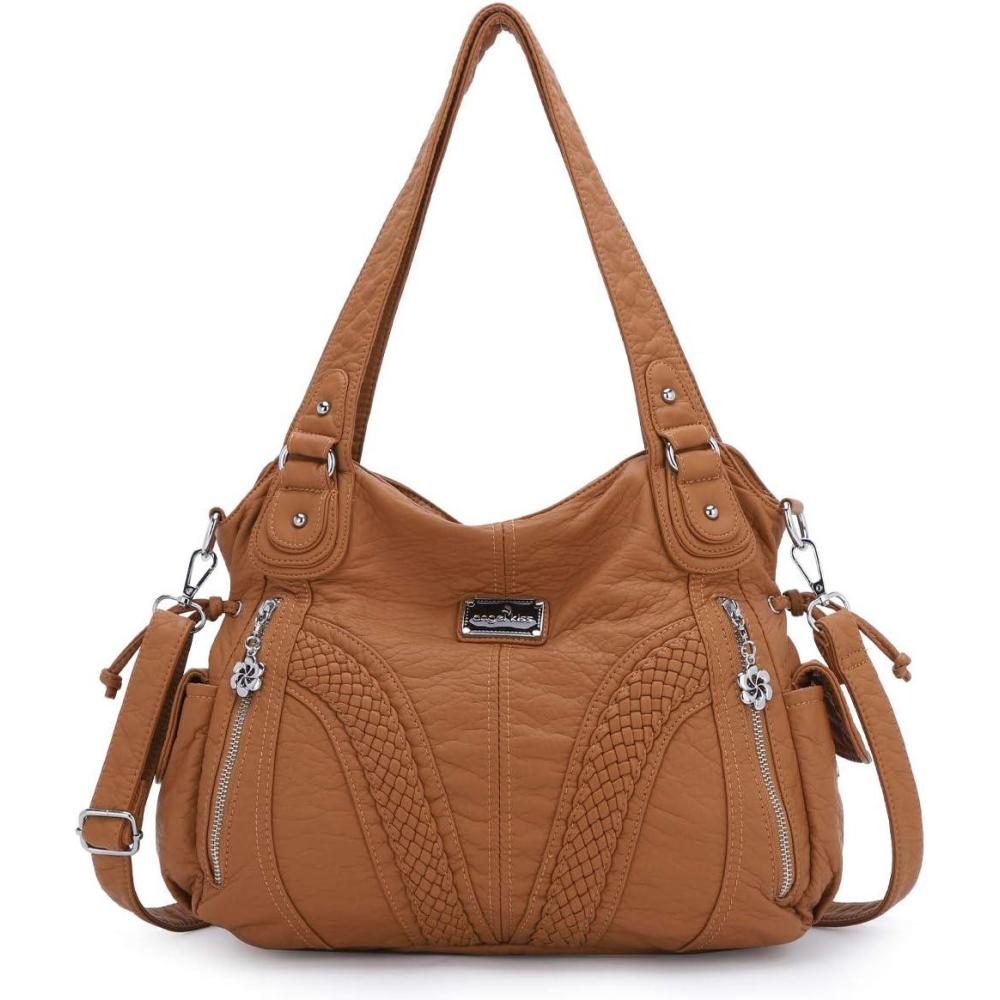 imagePurses and Handbags Women Fashion Tote Bag Shoulder Bags Top Handle Satchel Purses Washed Synthetic Leather Handbag452caramel