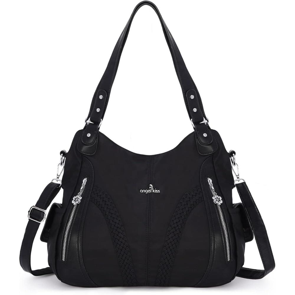 imagePurses and Handbags Women Fashion Tote Bag Shoulder Bags Top Handle Satchel Purses Washed Synthetic Leather HandbagNylonblack