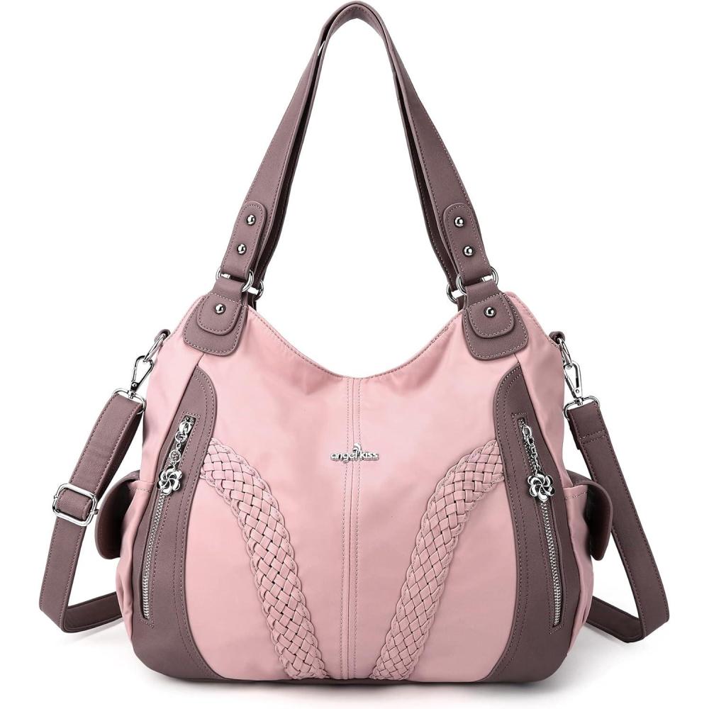 imagePurses and Handbags Women Fashion Tote Bag Shoulder Bags Top Handle Satchel Purses Washed Synthetic Leather HandbagNylonpink