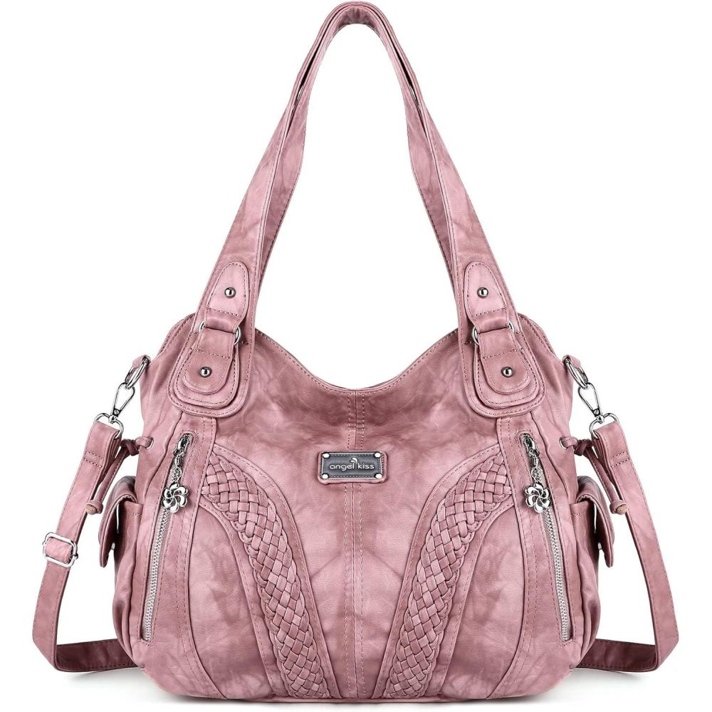 imagePurses and Handbags Women Fashion Tote Bag Shoulder Bags Top Handle Satchel Purses Washed Synthetic Leather HandbagRetro Pink