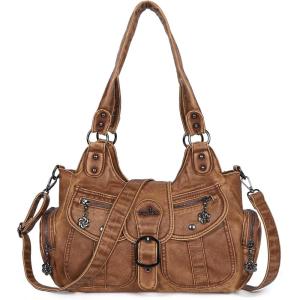 Angel Kiss Hobo Bags for Women Vegan Leather Shoulder Purses and Handbags Ladies Roomy Tote Bags Purse with Crossbody Strap(Brown)