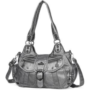 Angel Kiss Hobo Bags for Women Vegan Leather Shoulder Purses and Handbags Ladies Roomy Tote Bags Purse with Crossbody Strap(Silver Grey)